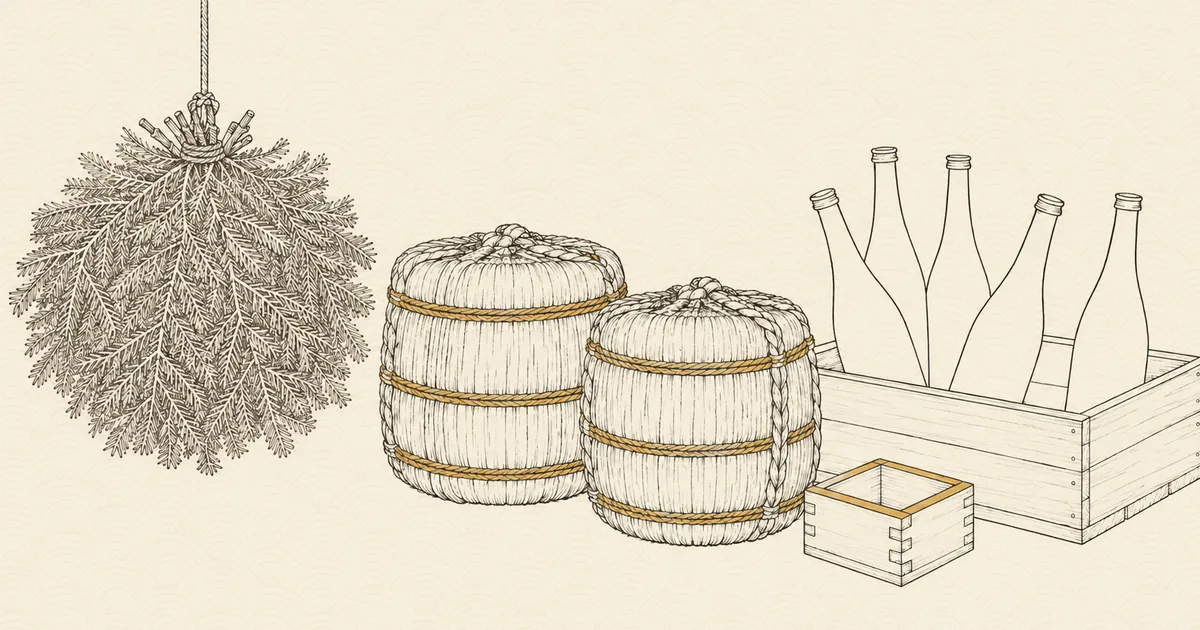 全国酒類販売業免許ガイド。酒屋の店先を描いた和の線画。左に縄で吊るされた杉玉、中央に藁の菰を巻いた酒樽が二つ、右に木箱へ立てた一升瓶が並び、手前に空の枡が置かれている。背景は和紙の地に和の伝統文様を淡く敷いている